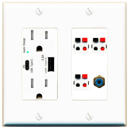 RiteAV 3 Port Speaker Wire Plug Jack Wall Plate with RCA for Subwoofer - USB AC Charger [White]