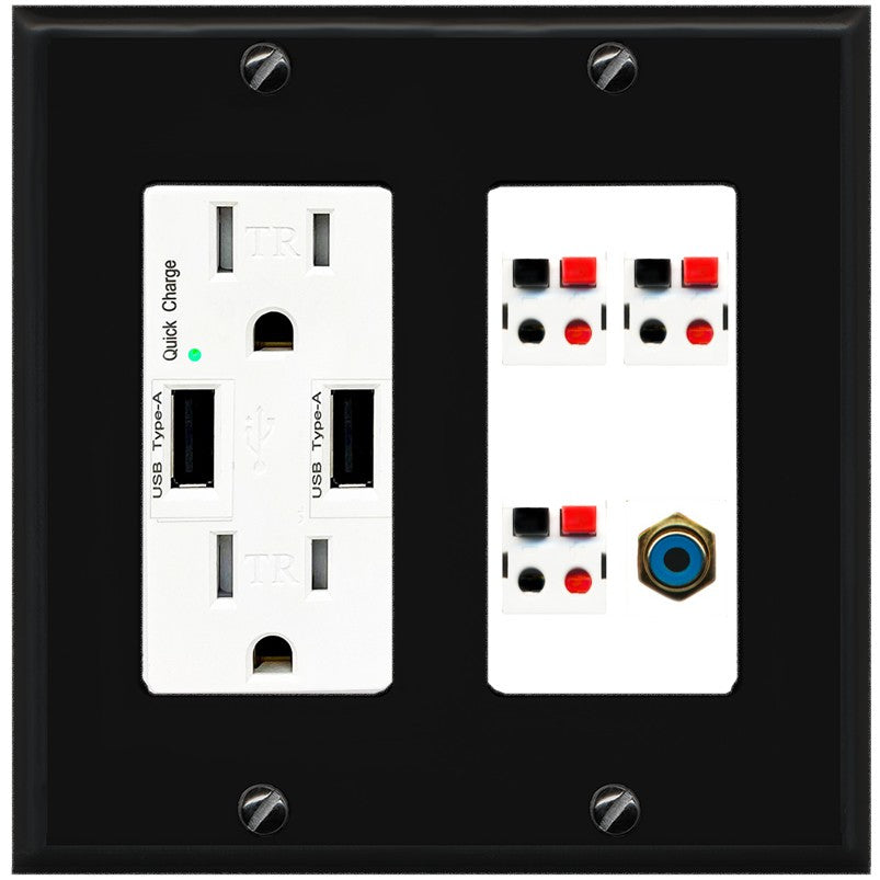 RiteAV 3 Port Speaker Wire Plug Jack Wall Plate with 1 RCA for Subwoofer - USB Outlet [Black/White]