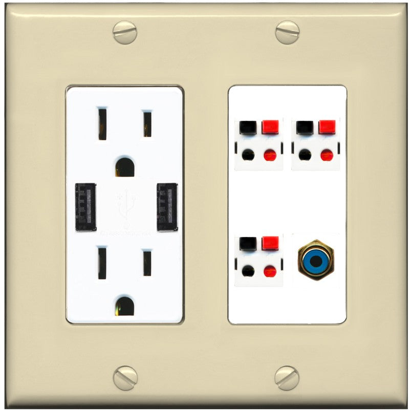 RiteAV 3 Port Speaker Wire Plug Jack Wall Plate with 1 RCA for Subwoofer - USB Outlet [Ivory/White]