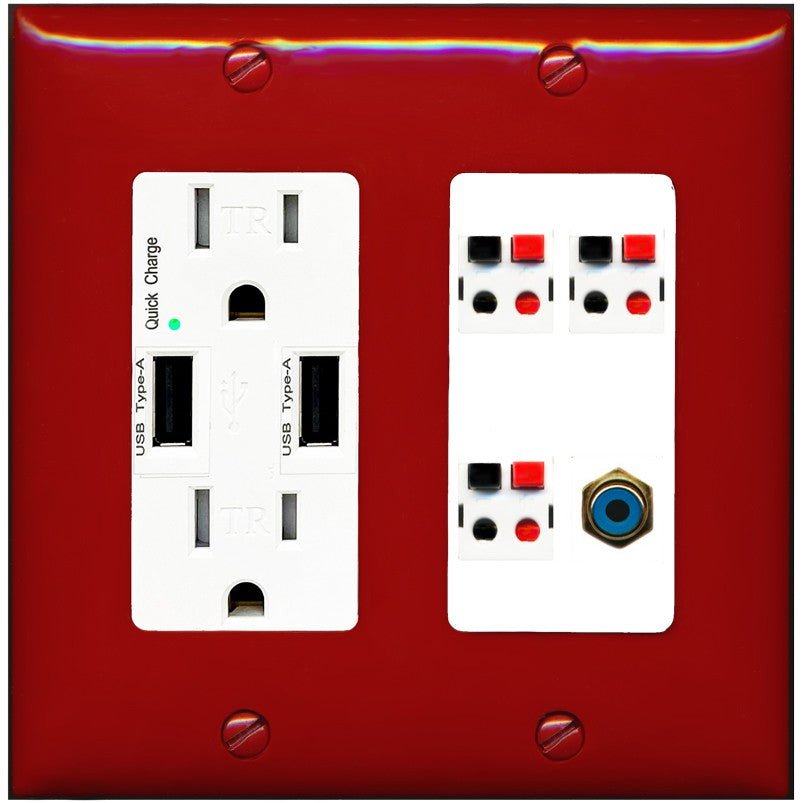 RiteAV 3 Port Speaker Wire Plug Jack Wall Plate with 1 RCA for Subwoofer - USB Outlet [Red/White]