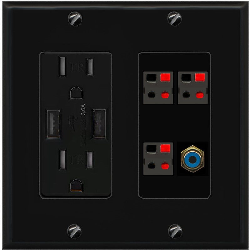 RiteAV 3 Port Speaker Wire Plug Jack Wall Plate with 1 RCA for Subwoofer - USB Outlet [Black/Black]