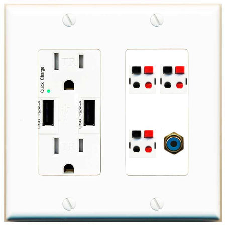 RiteAV 3 Port Speaker Wire Plug Jack Wall Plate with RCA for Subwoofer - USB Charger [White]