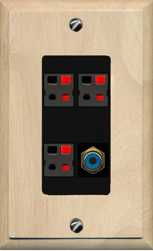 RiteAV 3 Port Speaker Wire Plug Jack Wall Plate with 1 RCA for Subwoofer - 1 Gang Decorative [Wood/Black]