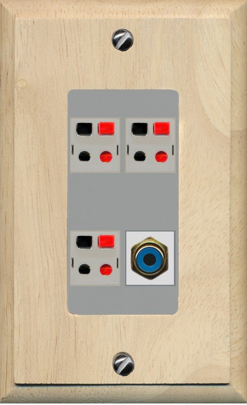 RiteAV 3 Port Speaker Wire Plug Jack Wall Plate with 1 RCA for Subwoofer - 1 Gang Decorative [Wood/Gray]