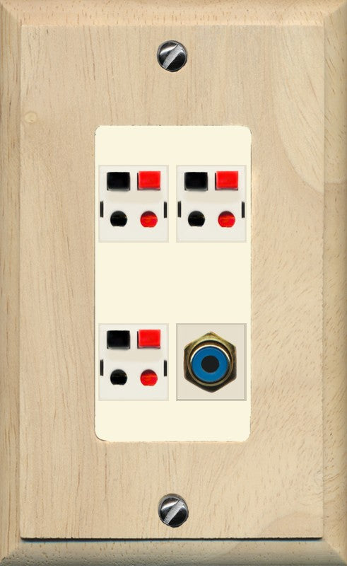 RiteAV 3 Port Speaker Wire Plug Jack Wall Plate with 1 RCA for Subwoofer - 1 Gang Decorative [Wood/Light-Almond]