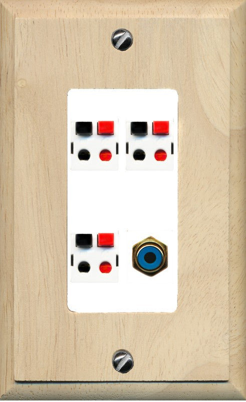 RiteAV 3 Port Speaker Wire Plug Jack Wall Plate with 1 RCA for Subwoofer - 1 Gang Decorative [Wood/White]