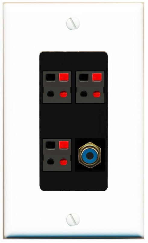 RiteAV 3 Port Speaker Wire Plug Jack Wall Plate with 1 RCA for Subwoofer - 1 Gang Decorative [White/Black]