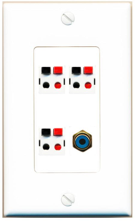 RiteAV 3 Port Speaker Wire Plug Jack Wall Plate with RCA for Subwoofer - 1 Gang [White]