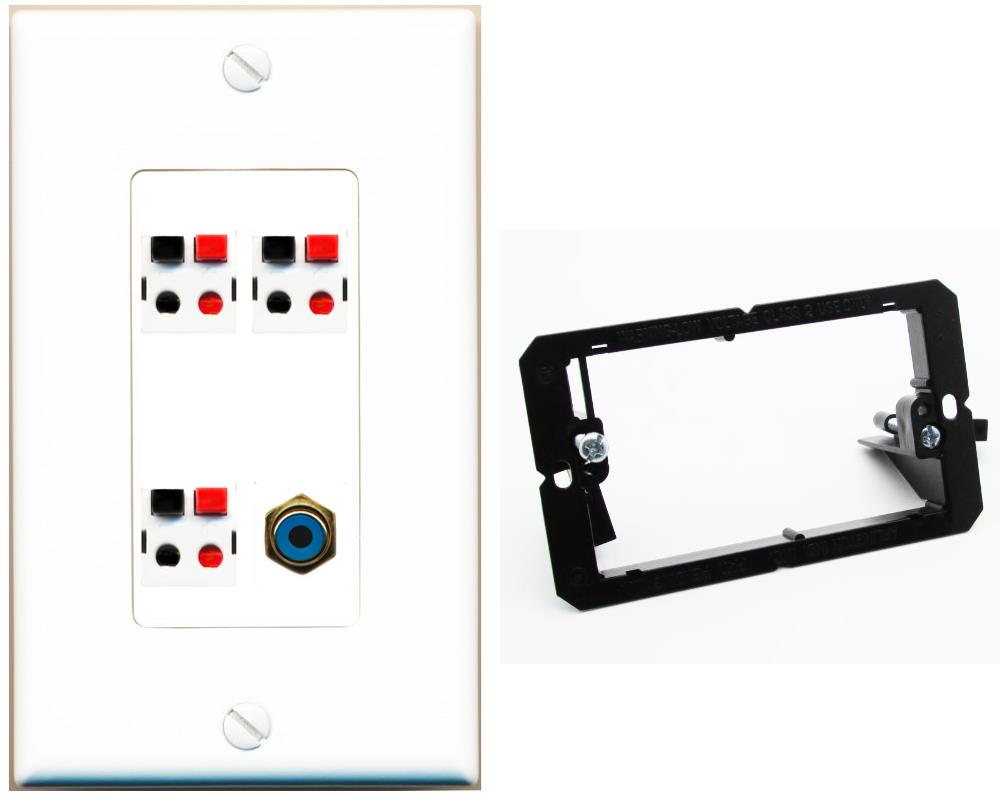 RiteAV 3 Port Speaker Wire Plug Jack Wall Plate with RCA for Subwoofer - Bracket [White]