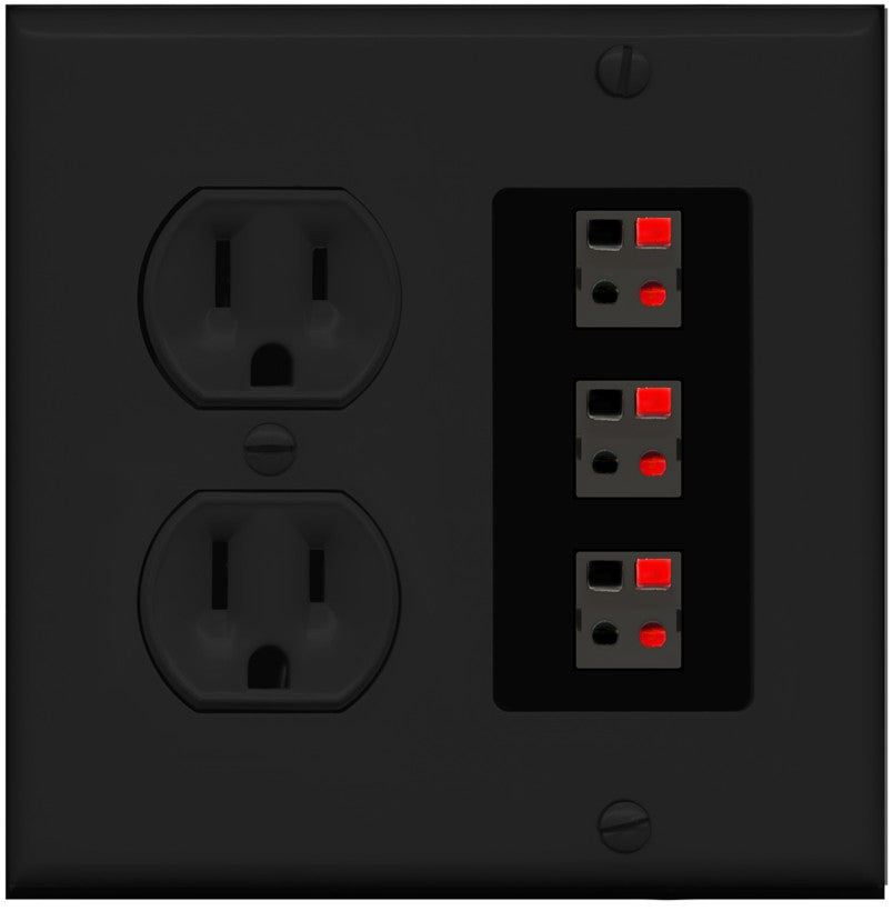 RiteAV 3 Port Speaker Wire Plug Jack Wall Plate - Round Outlet [Black/Black]