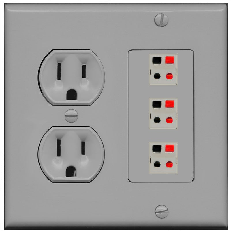 RiteAV 3 Port Speaker Wire Plug Jack Wall Plate - Round Outlet [Gray/Gray]