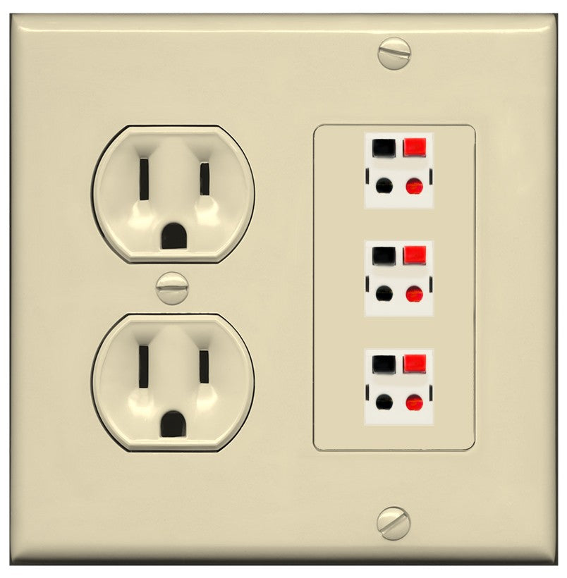 RiteAV 3 Port Speaker Wire Plug Jack Wall Plate - Round Outlet [Ivory/Ivory]