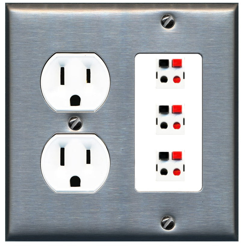 RiteAV 3 Port Speaker Wire Plug Jack Wall Plate - Round Outlet [Stainless/White]