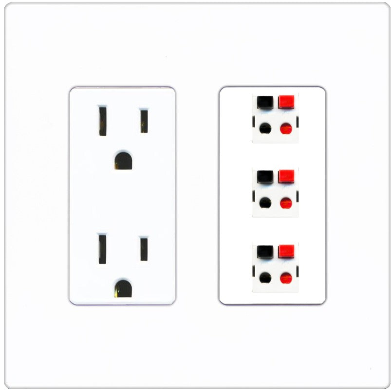 RiteAV 3 Port Speaker Wire Plug Jack Wall Plate - Outlet [Screwless White]