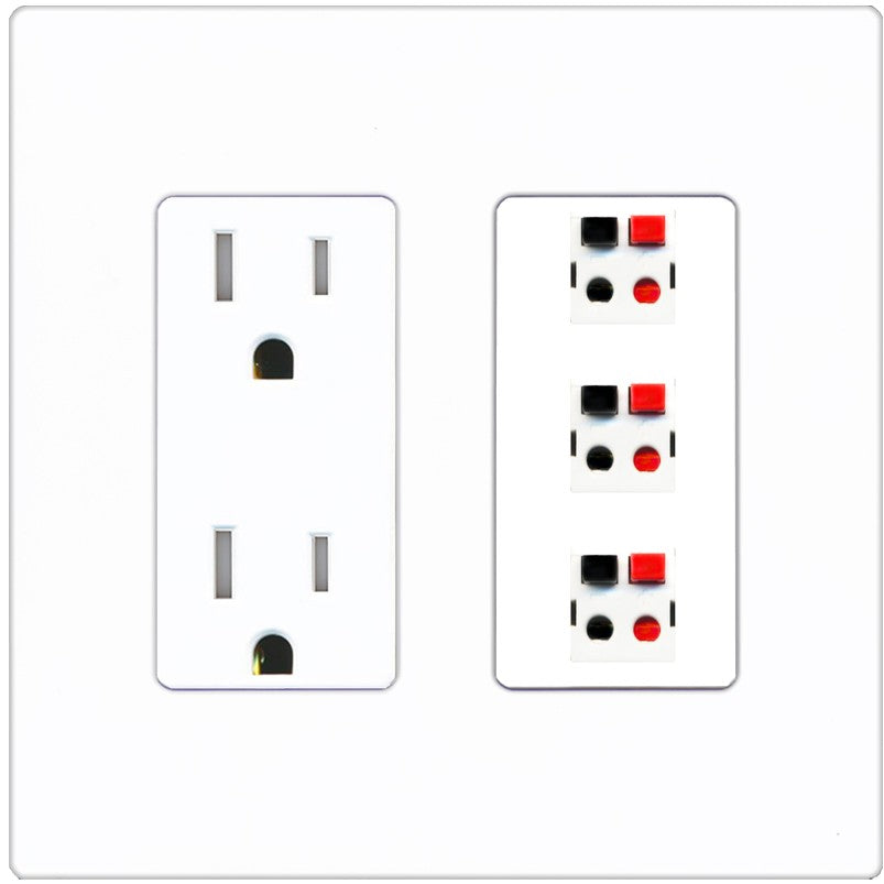 RiteAV 3 Port Speaker Wire Plug Jack Wall Plate - Tamper-Resistant Outlet [Screwless White]