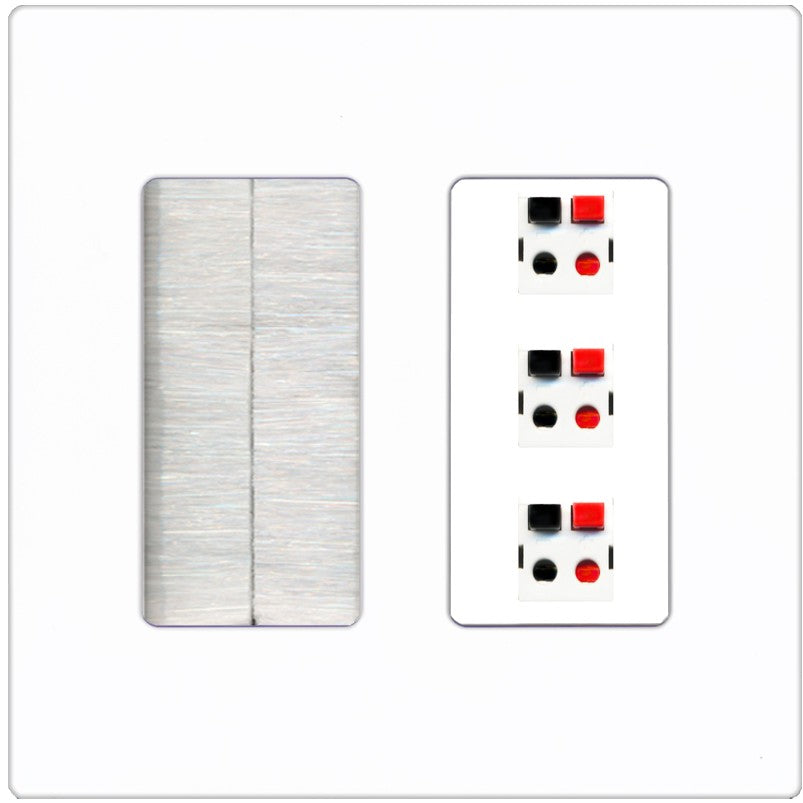 RiteAV 3 Port Speaker Wire Plug Jack Wall Plate - Brush [Screwless White]