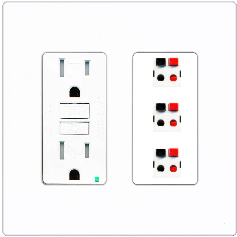 RiteAV 3 Port Speaker Wire Plug Jack Wall Plate - GFCI Outlet [Screwless White]