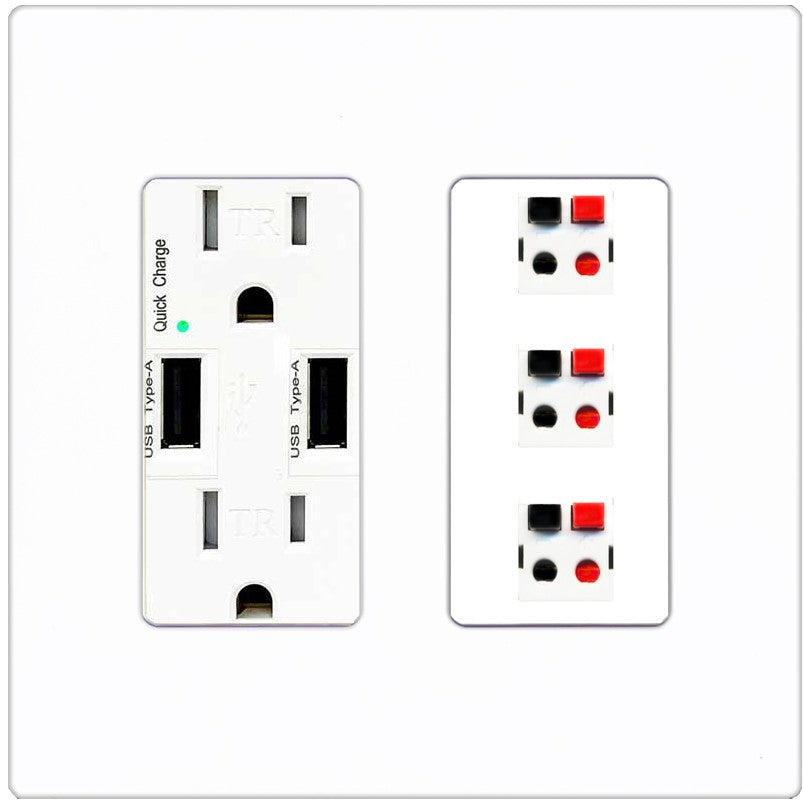 RiteAV 3 Port Speaker Wire Plug Jack Wall Plate - USB Outlet [Screwless White]