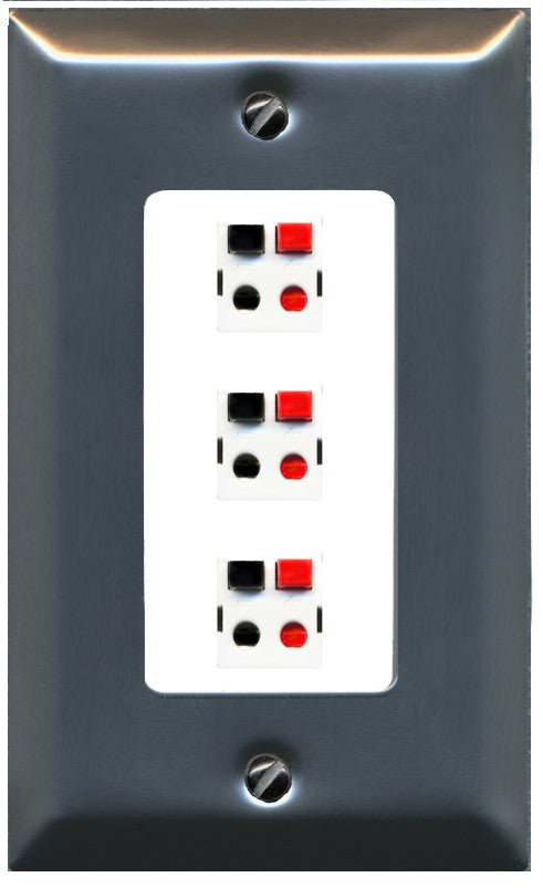 RiteAV 3 Port Speaker Wire Plug Jack Wall Plate - 1 Gang Decorative [Stainless/White]
