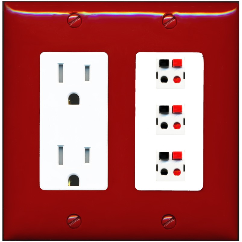RiteAV 3 Port Speaker Wire Plug Jack Wall Plate - Tamper-Resistant Outlet [Red/White]