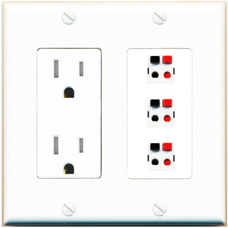 RiteAV 3 Port Speaker Wire Plug Jack Wall Plate - Tamper-Res [White]