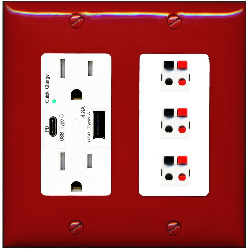 RiteAV 3 Port Speaker Wire Plug Jack Wall Plate - USB A+C Outlet [Red/White]