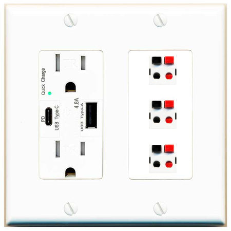 RiteAV 3 Port Speaker Wire Plug Jack Wall Plate - USB AC Charger [White]