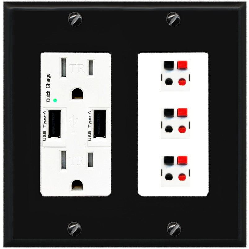 RiteAV 3 Port Speaker Wire Plug Jack Wall Plate - USB Outlet [Black/White]