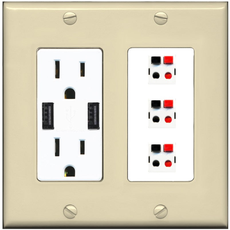 RiteAV 3 Port Speaker Wire Plug Jack Wall Plate - USB Outlet [Ivory/White]