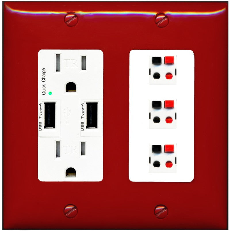 RiteAV 3 Port Speaker Wire Plug Jack Wall Plate - USB Outlet [Red/White]