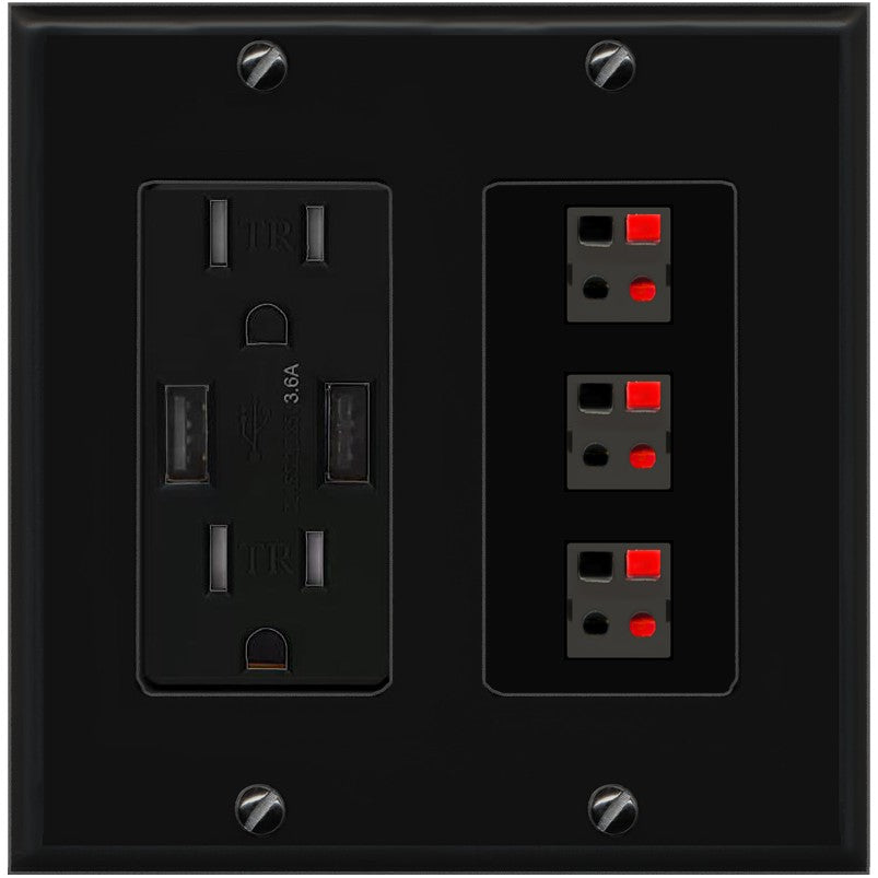 RiteAV 3 Port Speaker Wire Plug Jack Wall Plate - USB Outlet [Black/Black]