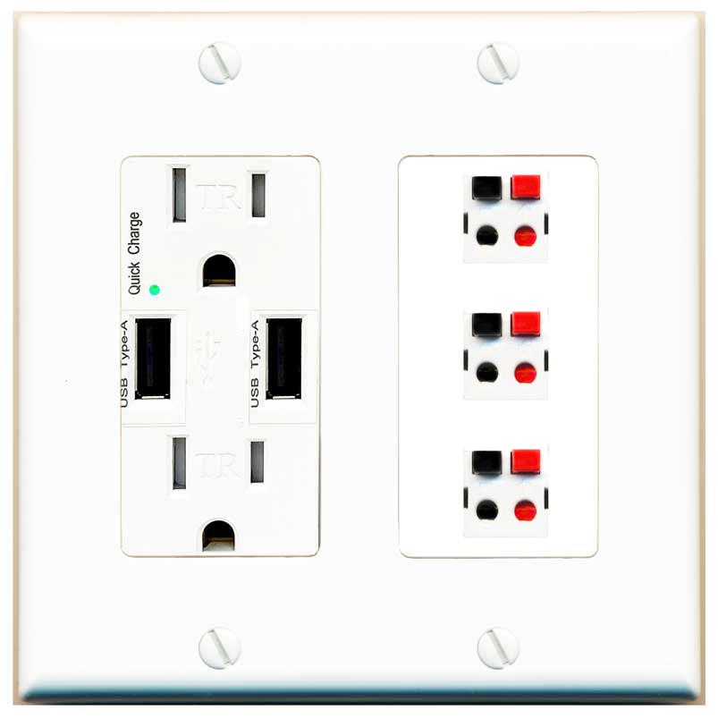 RiteAV 3 Port Speaker Wire Plug Jack Wall Plate - USB Charger [White]