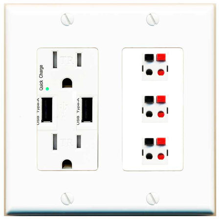 RiteAV 3 Port Speaker Wire Plug Jack Wall Plate - USB Charger [White]