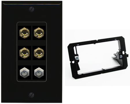 RiteAV 4 Port Banana 2 Speaker Binding Post 2 Coax Wall Plate - Bracket [Black/Black]