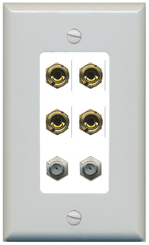RiteAV 4 Port Banana 2 Speaker Binding Post 2 Coax Wall Plate - 1 Gang Decorative [Gray/White]