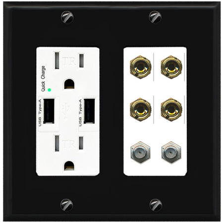 RiteAV 4 Port Banana 2 Speaker Binding Post 2 Coax Wall Plate - USB Outlet [Black/White]