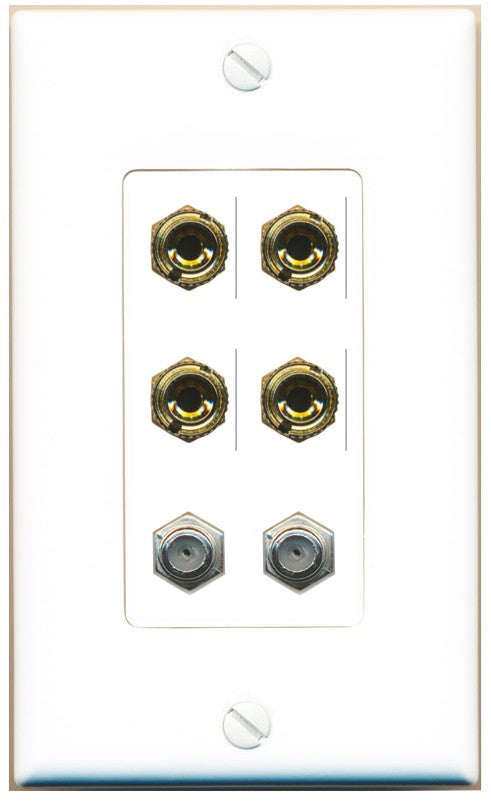 RiteAV 4 Port Banana 2 Speaker Binding Post 2 Coax Wall Plate - 1 Gang Decorative [White]