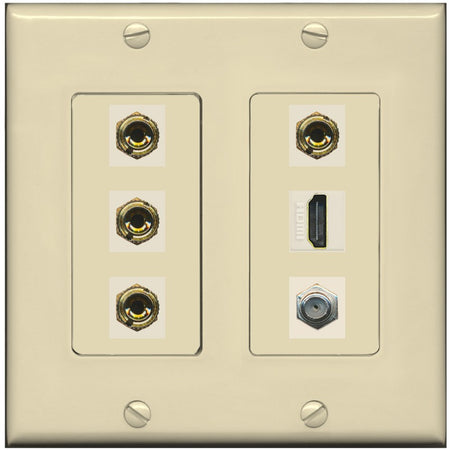 RiteAV 4 Port Banana 2 Speaker Binding Post HDMI Coax Wall Plate - 2 Gang [Ivory/Ivory]