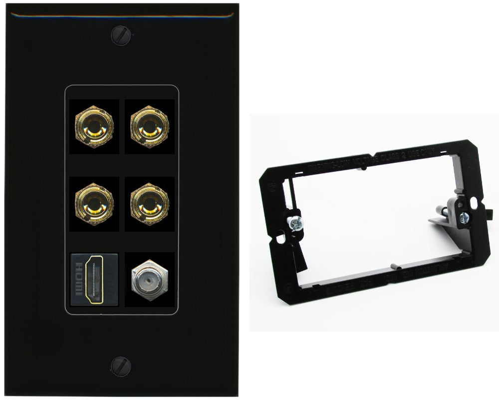 RiteAV 4 Port Banana 2 Speaker Binding Post HDMI Coax Wall Plate - Bracket [Black/Black]