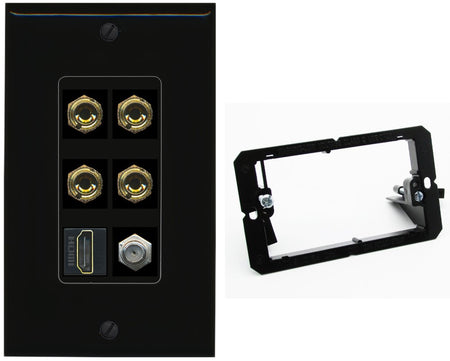 RiteAV 4 Port Banana 2 Speaker Binding Post HDMI Coax Wall Plate - Bracket [Black/Black]