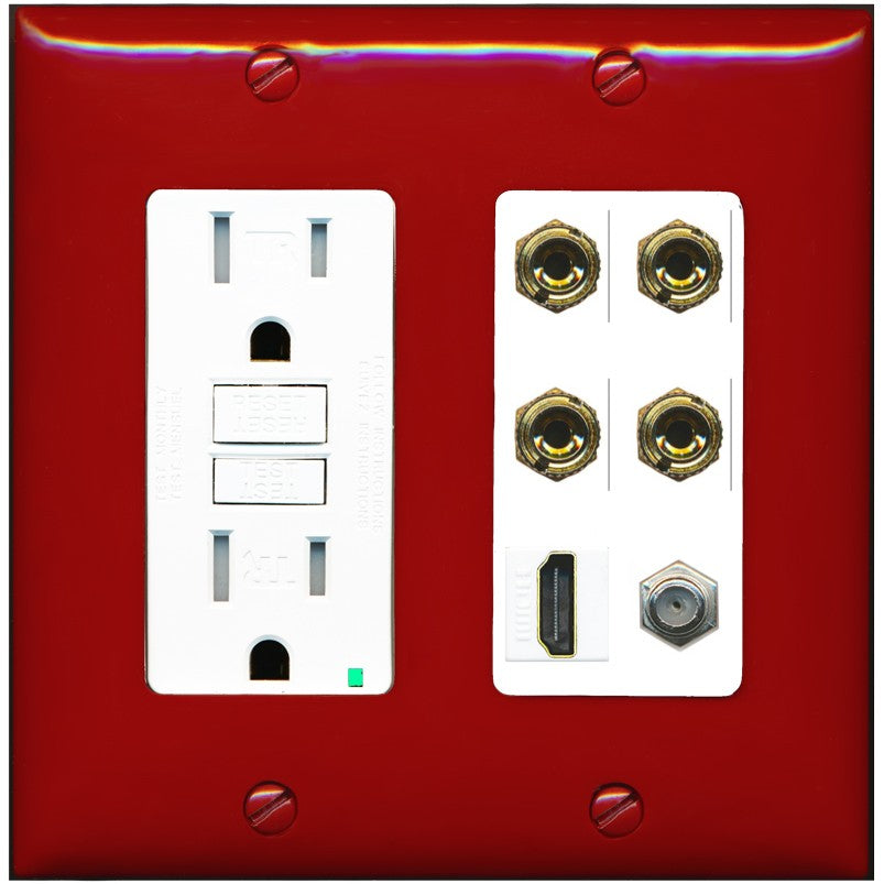 RiteAV 4 Port Banana 2 Speaker Binding Post HDMI Coax Wall Plate - GFCI Outlet [Red/White]