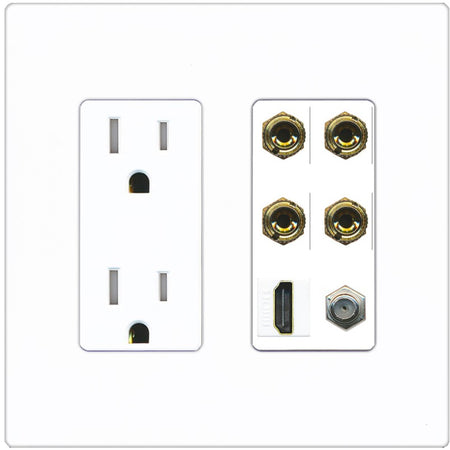 RiteAV 4 Port Banana 2 Speaker Binding Post HDMI Coax Wall Plate - Tamper-Resistant Outlet [Screwless White]