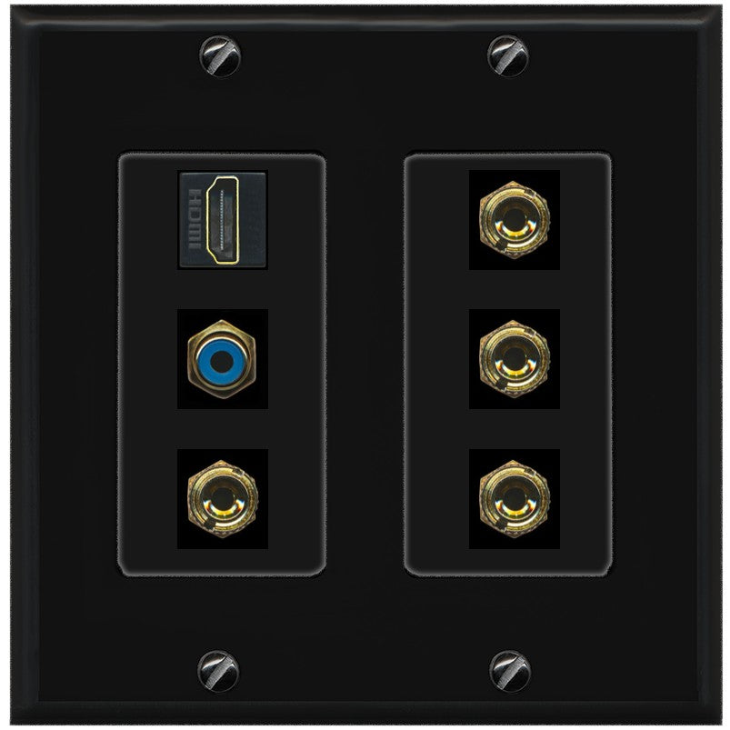 RiteAV 2 Speaker 4 Banana Binding Post HDMI RCA Wall Plate - 2 Gang [Black/Black]
