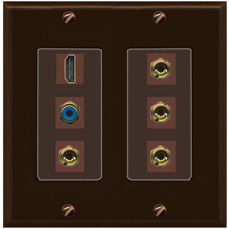 RiteAV 2 Speaker 4 Banana Binding Post HDMI RCA Wall Plate - 2 Gang [Brown/Brown]