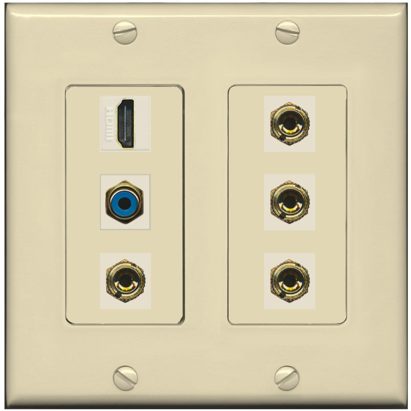 RiteAV 2 Speaker 4 Banana Binding Post HDMI RCA Wall Plate - 2 Gang [Ivory/Ivory]