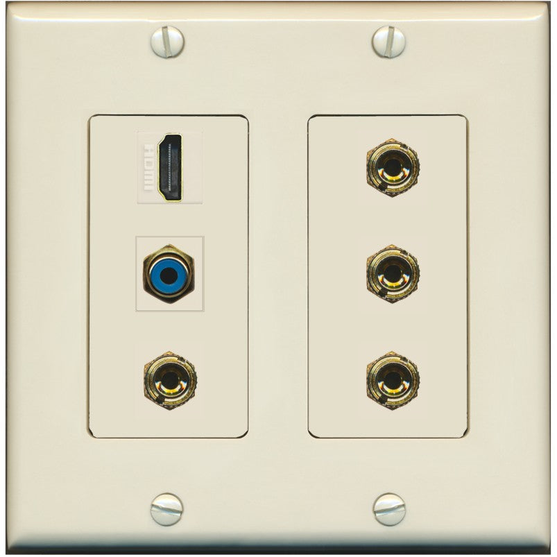 RiteAV 2 Speaker 4 Banana Binding Post HDMI RCA Wall Plate - 2 Gang [Light-Almond]
