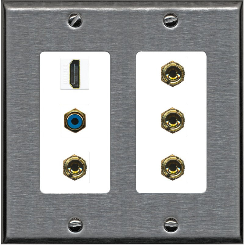 RiteAV 2 Speaker 4 Banana Binding Post HDMI RCA Wall Plate - 2 Gang [Stainless/White]