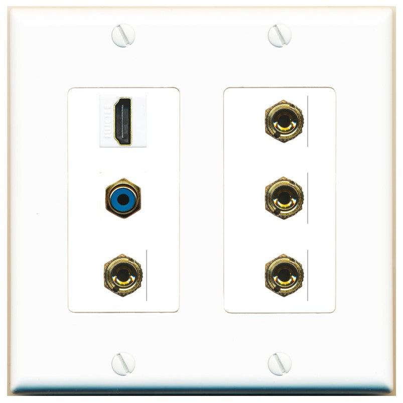 RiteAV 2 Speaker 4 Banana Binding Post HDMI RCA Wall Plate - 2 Gang [White]
