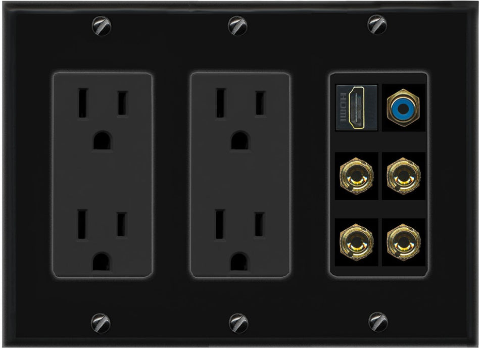 RiteAV 2 Speaker 4 Banana Binding Post HDMI RCA Wall Plate - 3 Gang 2 Outlet [Black/Black]