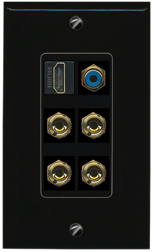 RiteAV 2 Speaker 4 Banana Binding Post HDMI RCA Wall Plate - 1 Gang Decorative [Black/Black]